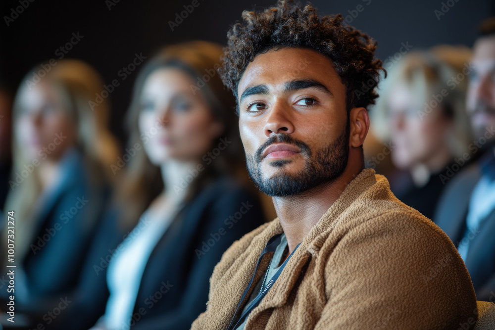 A photo of diverse business professionals sitting in chairs at an interactive conference, with one person speaking and others listening intently. The setting is professional yet friendly A photo of diverse business professionals sitting in chairs at an interactive conference, with one person speaking and others listening intently. The setting is professional yet friendly