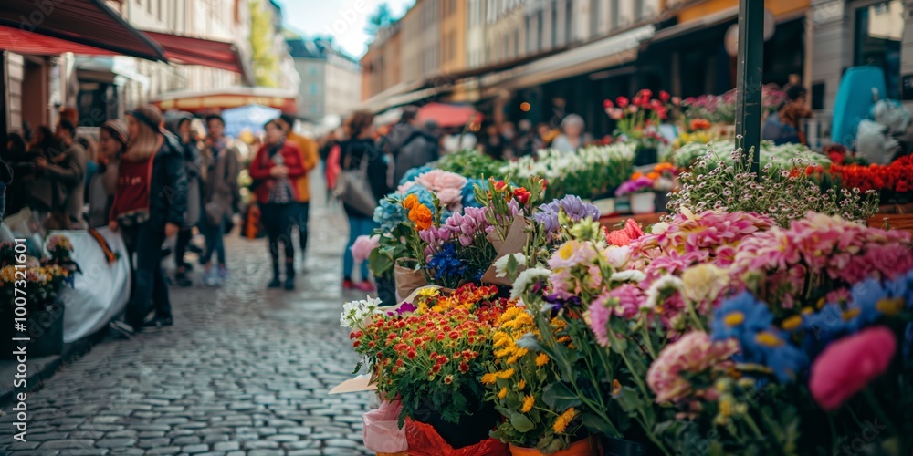 Obraz premium Beautiful flower bouquets on a cobblestone street in Sweden, with people browsing market stalls in the background. A vibrant and colorful local market scene.