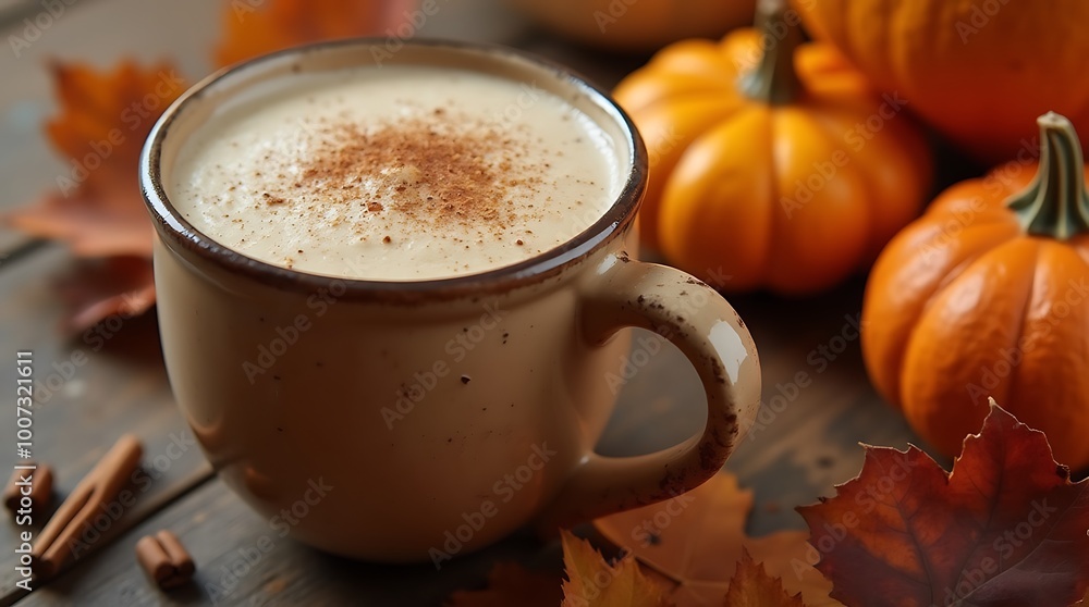 Cozy Autumn Pumpkin Spice Latte in a Ceramic Mug Surrounded by Fall Leaves and Pumpkins Cozy Autumn Pumpkin Spice Latte in a Ceramic Mug Surrounded by Fall Leaves and Pumpkins