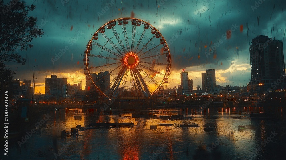 A Ferris wheel stands tall against a dramatic sunset sky, with a cityscape and a body of water in the foreground. A Ferris wheel stands tall against a dramatic sunset sky, with a cityscape and a body of water in the foreground.