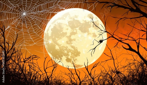 Halloween background with spider webs and a full moon Halloween card template, banner, or poster design template Spooky night landscape Generative AI