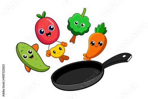 Cooking concept Vegetables are flying out of the pan isolated on white background