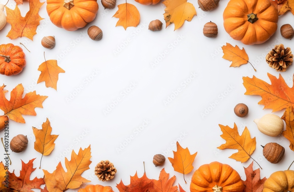 Fototapeta premium Autumn-themed border with pumpkins, leaves, and acorns on a white background. 