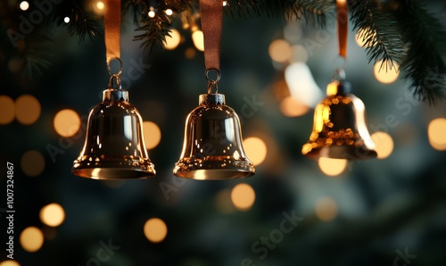 Wallpaper Mural Christmas bells hanging from a ribbon, swinging slightly with reflections of nearby lights on their polished surfaces. Torontodigital.ca