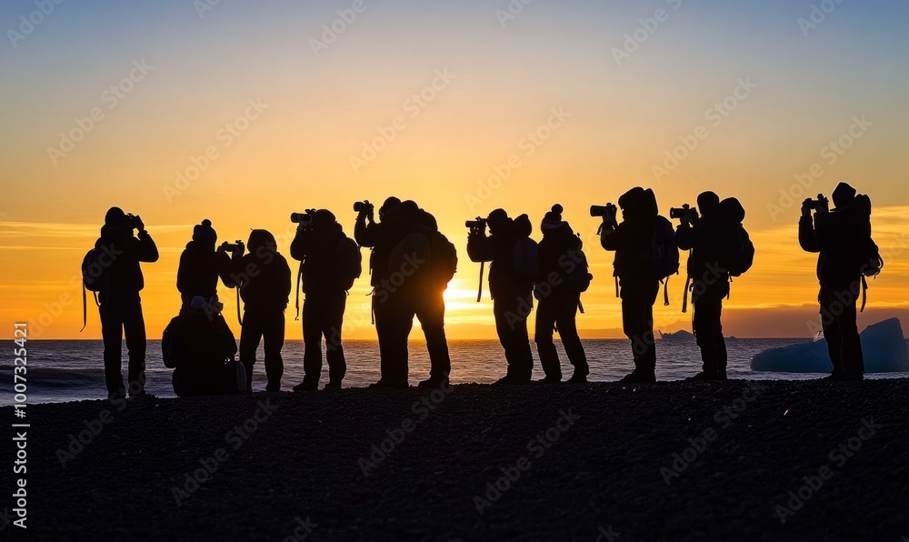 Silhouette of a group of photographers taking a photo of an iceberg on the beach