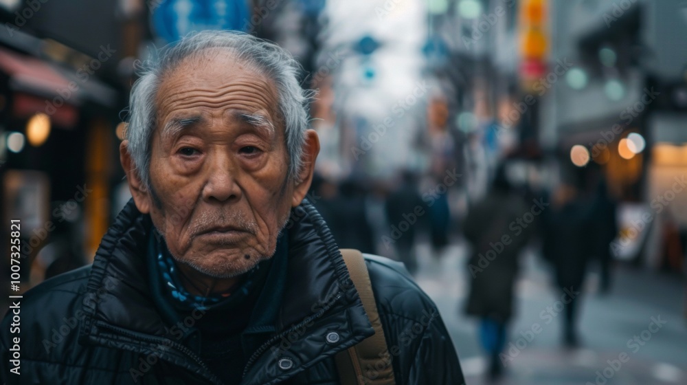 Obraz premium Asian older man looking at camera while walking on a street