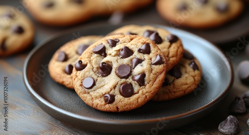 A close-up image of tasty homemade chocolate chip cookies arranged on a black plate, showcasing their gooey texture and rich chocolate chips, perfect for dessert lovers.