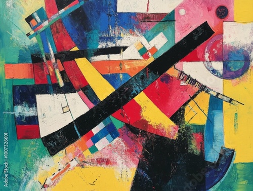 The image exhibits an abstract geometric painting featuring a vibrant collage of intersecting shapes, bold black lines, and a dynamic mix of colors like red, blue, and yellow.