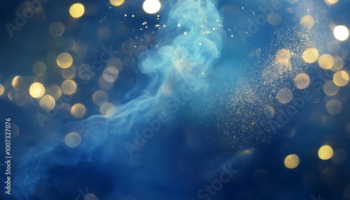 Abstract Blue Smoke Intertwined with Golden Bokeh Lights, Creating a Dreamy and Ethereal Atmosphere photo