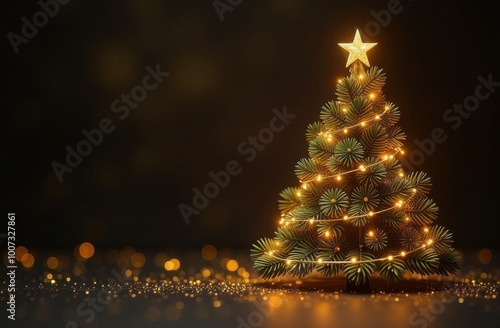 Christmas tree with golden lights sparkling on dark background