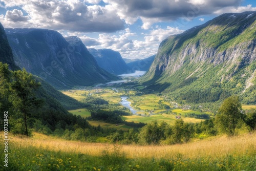 A breathtaking view of a lush green valley flanked by majestic mountains under a partly cloudy sky, capturing the essence of natural beauty and tranquility.