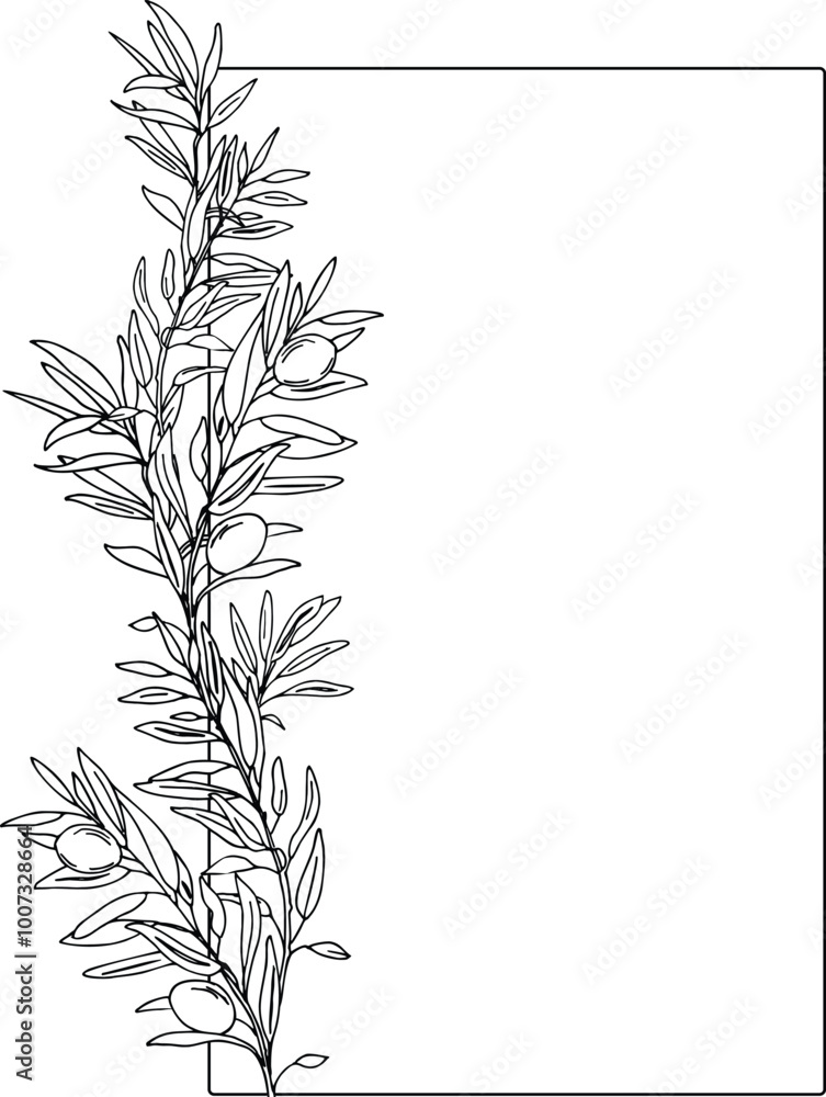 Naklejka premium Olive rectangular, square vertical Frame. Hand drawn Olive Branches and Fruits. Hand drawn vector illustration For Logos, Wedding Invitations, Save the date and greeting cards.