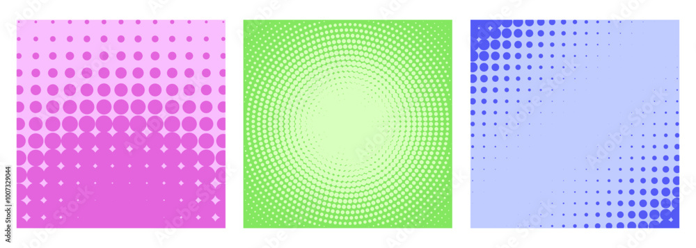 Colorful geometric halftone patterns in pink, green, and blue arranged in three square panels Colorful geometric halftone patterns in pink, green, and blue arranged in three square panels