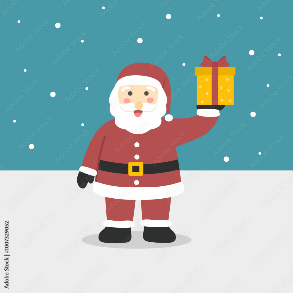 Santa Claus holding a gift with winter background, illustration of Santa claus with gift, santa claus cartoon holding gift at snowy background Santa Claus holding a gift with winter background, illustration of Santa claus with gift, santa claus cartoon holding gift at snowy background