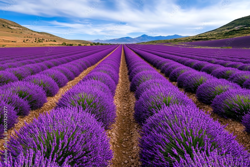 Obraz premium A field of lavender in full bloom, with rows of purple flowers stretching into the horizon, set against a backdrop of distant hills and blue skies.