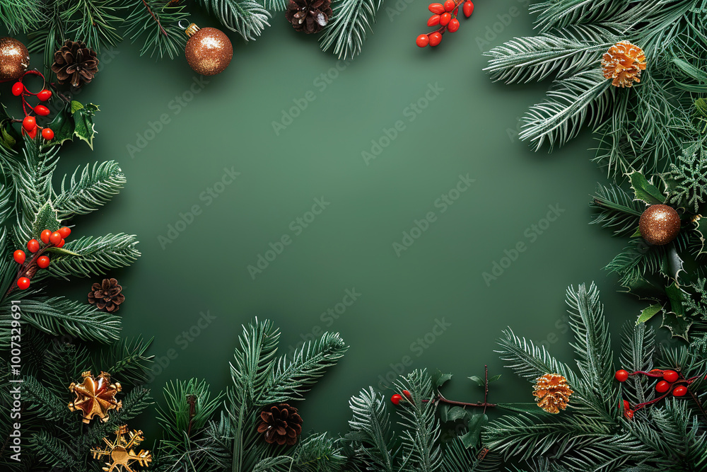 A green background with a Christmas tree and berries, generative ai image., A green background with a Christmas tree and berries, generative ai image.,