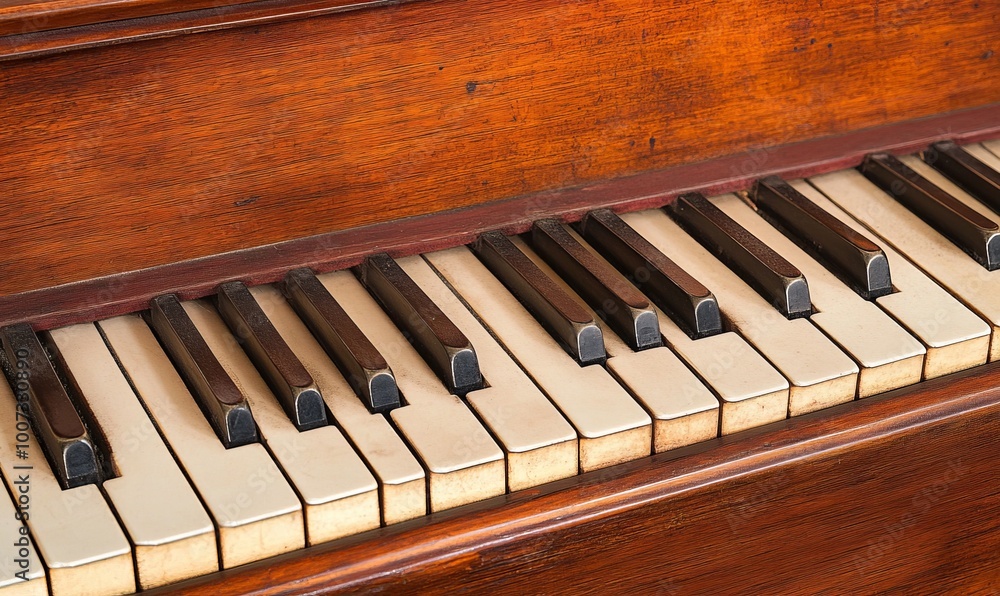 Close-up, keys of an old wooden piano. Close-up, keys of an old wooden piano.