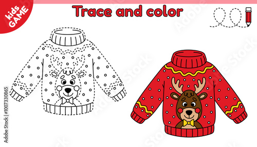 Kids educational game Tracing lines. Cartoon Christmas ugly sweater with deer. Trace and color. Handwriting practice worksheet for children. Writing and coloring page. New Year jumper. Baby vector.