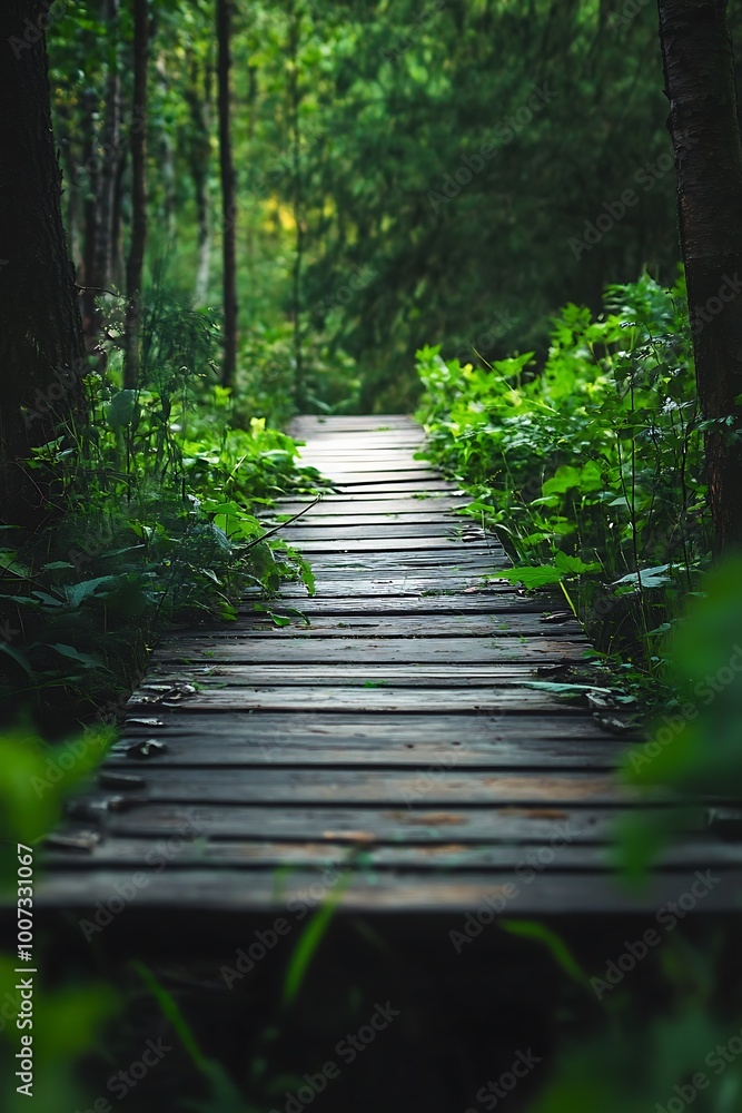 Obraz premium Wooden path through green forest with lush vegetation. Nature trail concept for design and website.
