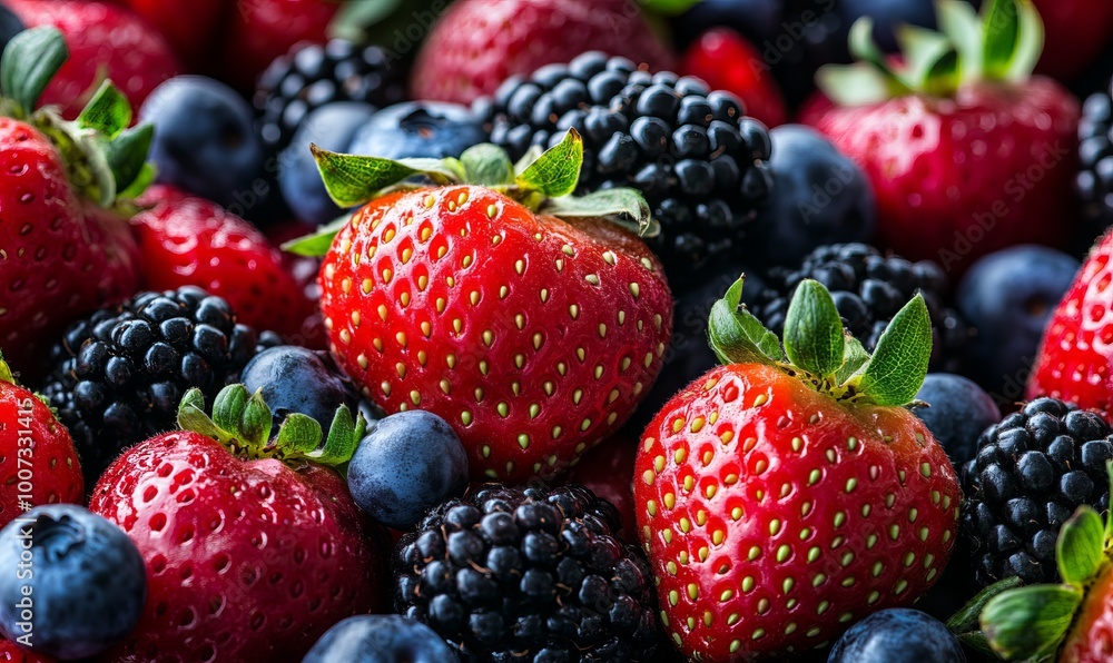 Close-up of fresh and juicy strawberries, blackberries and blueberries Close-up of fresh and juicy strawberries, blackberries and blueberries