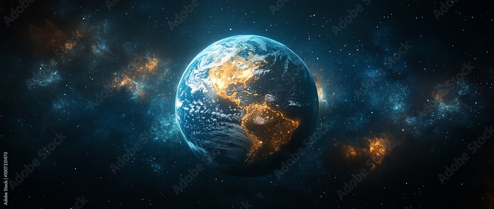Obraz premium A breathtaking view of planet earth in space, with the continents illuminated by golden light, surrounded by a vast expanse of stars and galaxies.