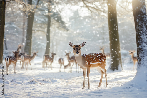 A Graceful Fawn in a Snowy Winter Forest