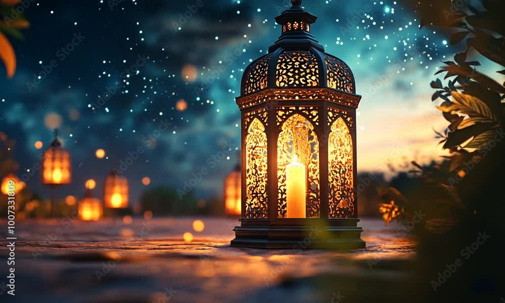 Ornate Lantern Glowing in the Twilight with a Starry Sky Ornate Lantern Glowing in the Twilight with a Starry Sky
