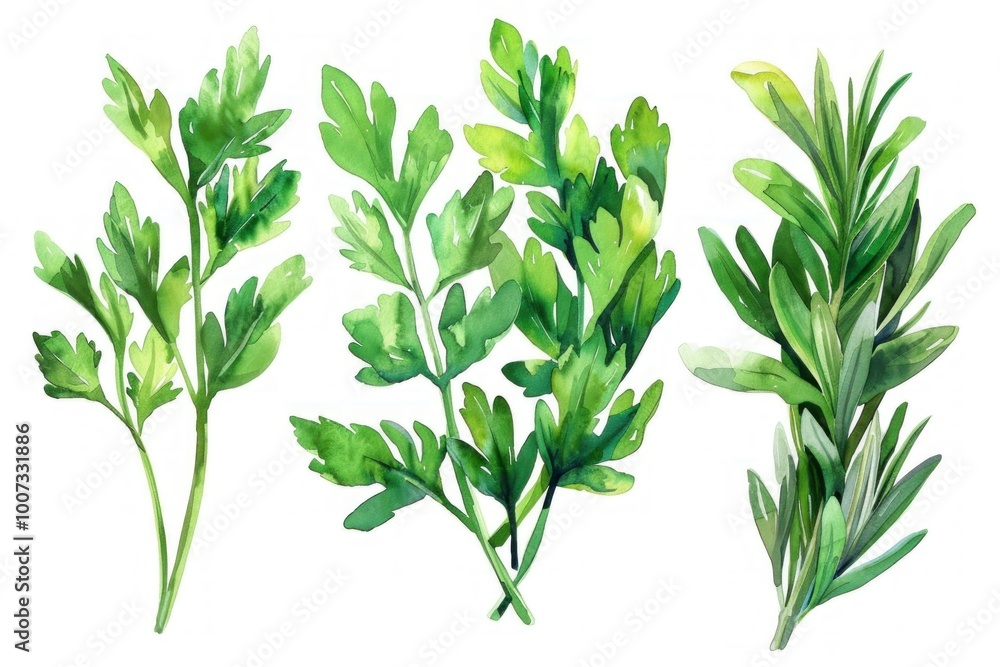 Fototapeta premium A set of watercolor illustrations with herbs and green leaves on a white background.