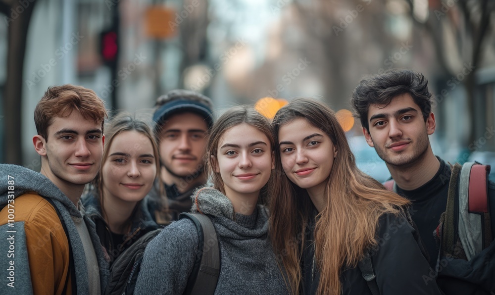 Portrait of a group of students looking at the camera on the street of the university campus, who study together Portrait of a group of students looking at the camera on the street of the university campus, who study together