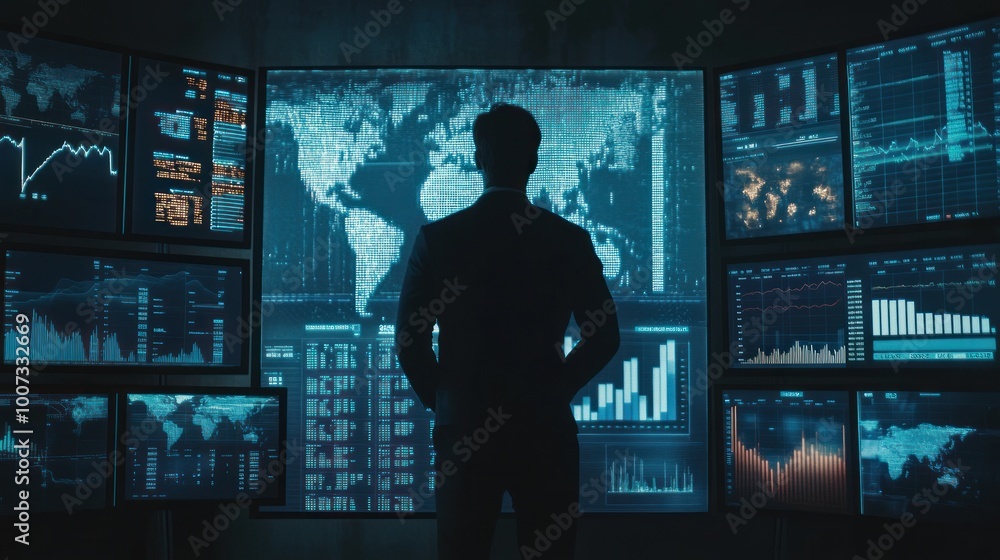 A Man Monitoring Data On Multiple Screens A Man Monitoring Data On Multiple Screens