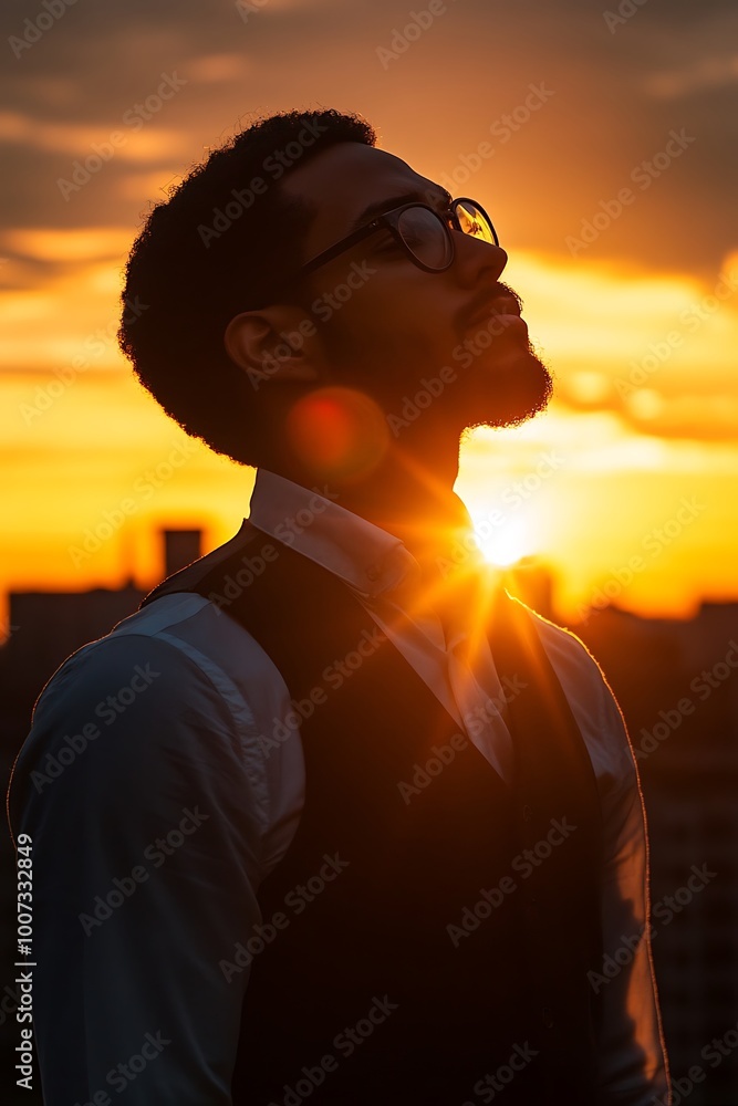 Silhouette of a man in glasses looking at sunset, hopeful and optimistic Silhouette of a man in glasses looking at sunset, hopeful and optimistic