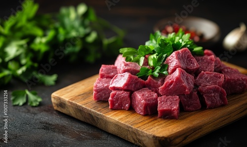 Raw diced beef with a bunch of fresh parsley on a wooden cutting board for cooking