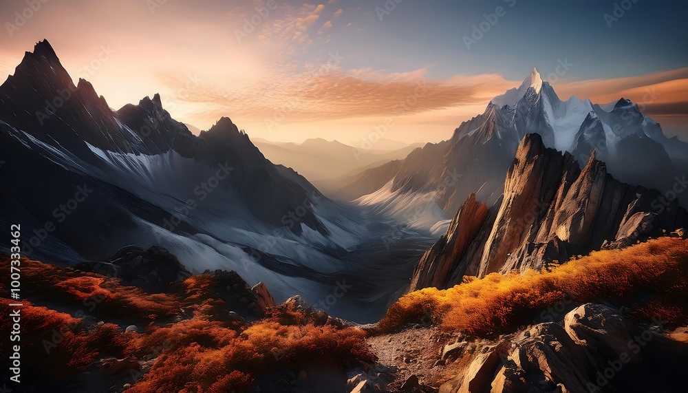Obraz premium Artistic Representation of Majestic Mountains, Capturing Their Beauty and Grandeur in a Unique Style