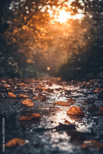 Golden hour sunlight shining through trees over stream and autumn leaves. Nature background.