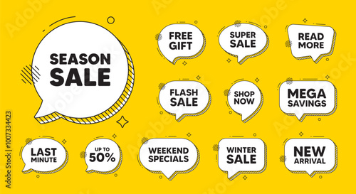 Offer speech bubble icons. Season sale tag. Special offer price sign. Advertising discounts symbol. Season sale chat offer. Speech bubble discount banner. Text box balloon. Vector