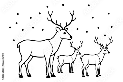 Vibrant Vector Illustration of a Family of Reindeer in a Snowy Landscape for Holiday Cheer and Winter Magic
