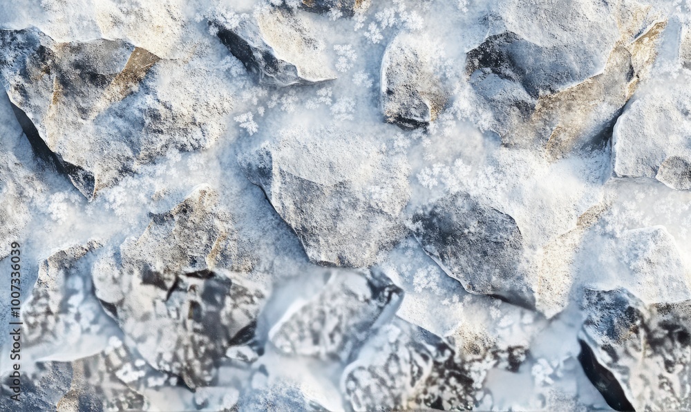 Rough texture of a stone wall covered in frost, with ice crystals forming on the uneven surface Rough texture of a stone wall covered in frost, with ice crystals forming on the uneven surface