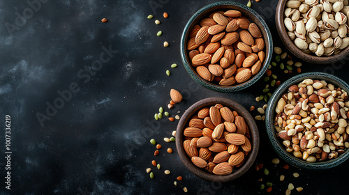 Top view of various nuts including almonds, pistachios and mixed assortment arranged in bowls on dark textured background