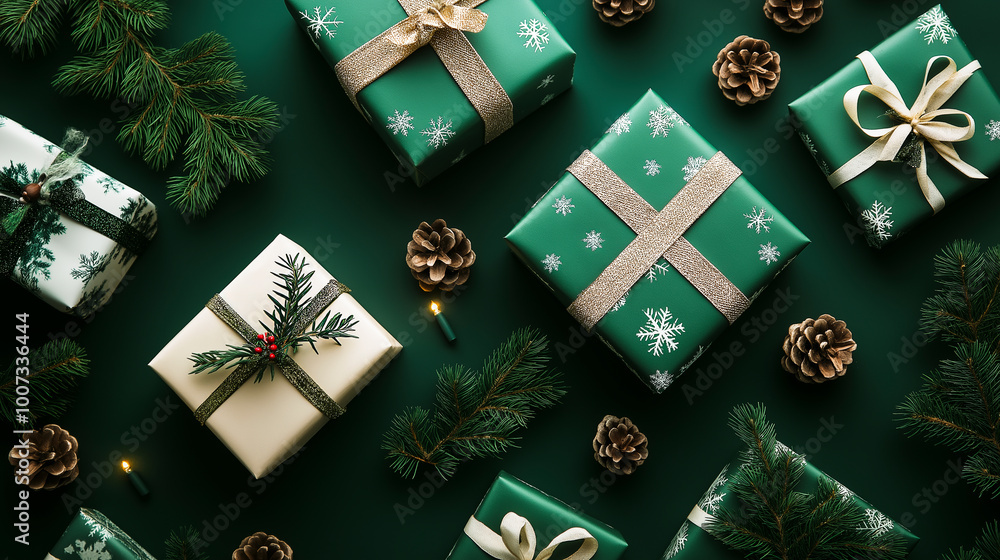 Christmas presents wrapped in festive green paper with gold ribbons, surrounded by pine branches, pine cones and small candles Christmas presents wrapped in festive green paper with gold ribbons, surrounded by pine branches, pine cones and small candles