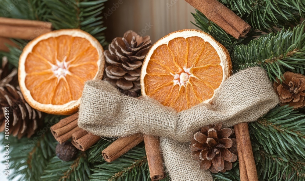 Obraz premium Rustic wreath with dried oranges, cinnamon sticks, and a burlap ribbon
