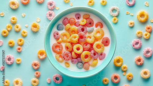 Bright bowl of multicolored fruit flavored cereal rings with milk on bright turquoise background