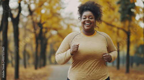 Joyful Plus Size African American Woman Running in the Park for Fitness, Highlighting Weight Loss Goals and Diversity in Sport