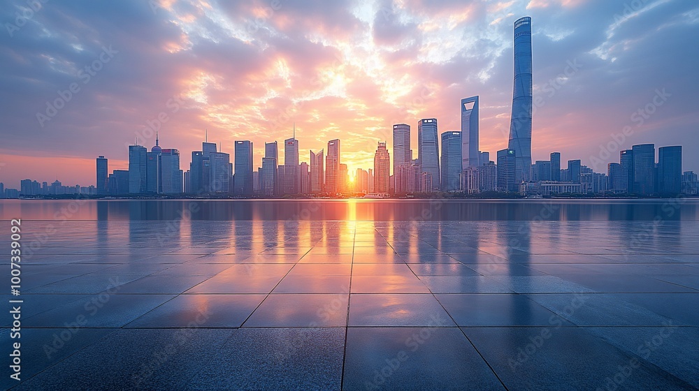 A panoramic view of a modern city skyline at sunrise, with the sun rising behind the skyscrapers and reflecting in the water. A panoramic view of a modern city skyline at sunrise, with the sun rising behind the skyscrapers and reflecting in the water.