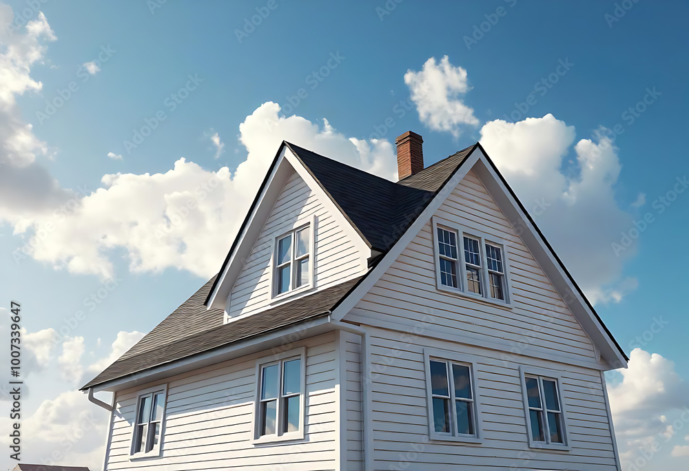 A house with white siding and a black roof is set against a blue sky with fluffy white clouds. The engineering of the sloped roof and facade windows adds character to the building A house with white siding and a black roof is set against a blue sky with fluffy white clouds. The engineering of the sloped roof and facade windows adds character to the building