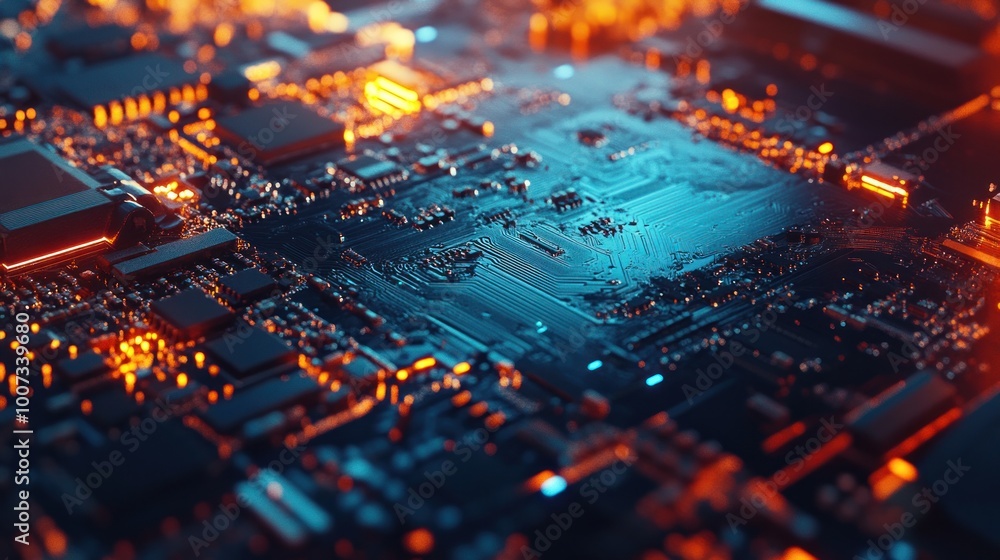 Circuit Board with Orange and Blue Lights Circuit Board with Orange and Blue Lights