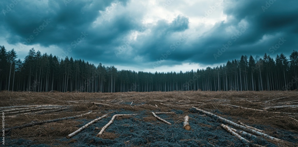 an endless field with cut trees and tree branches, a forest in the background. Concept Environmental Destruction, Impact of Deforestation, Climate Change, Clearcut Forests an endless field with cut trees and tree branches, a forest in the background. Concept Environmental Destruction, Impact of Deforestation, Climate Change, Clearcut Forests