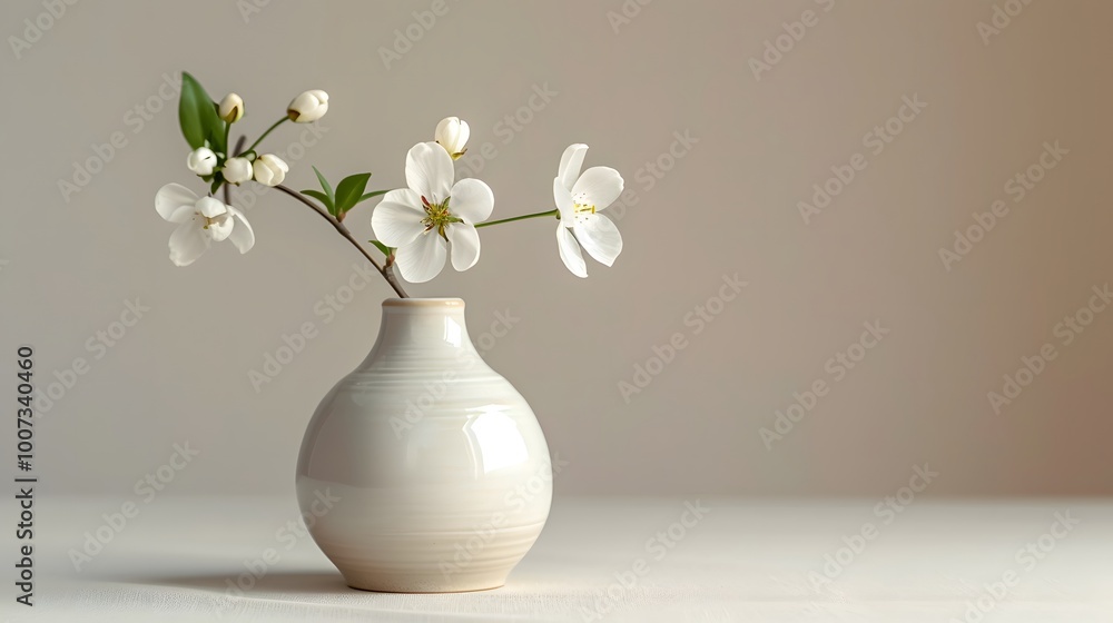 Minimalist white vase with white flowers on a beige background. Simple and elegant composition with copy space for home decor, interior design, or floral-themed marketing materials. Minimalist white vase with white flowers on a beige background. Simple and elegant composition with copy space for home decor, interior design, or floral-themed marketing materials.