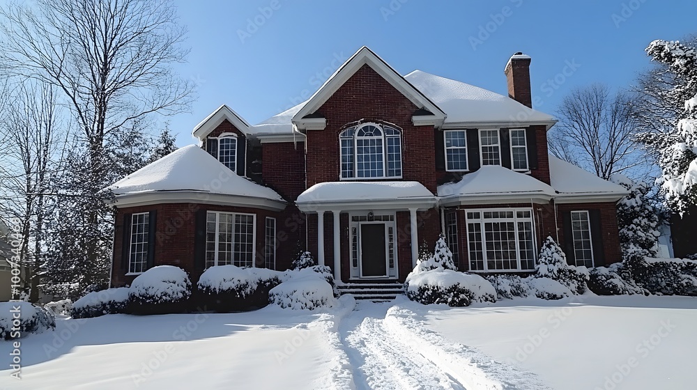 Large brick house covered in snow after winter storm with blue sky background. Large brick house covered in snow after winter storm with blue sky background.