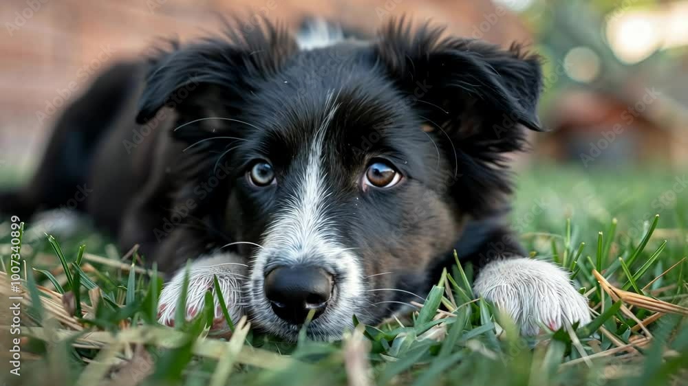 A black and white border collie puppy lays in the grass, looking up with big, curious eyes A black and white border collie puppy lays in the grass, looking up with big, curious eyes