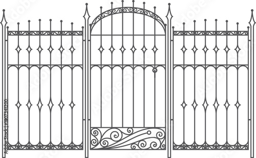 Forged fence. Vintage classic garden iron door